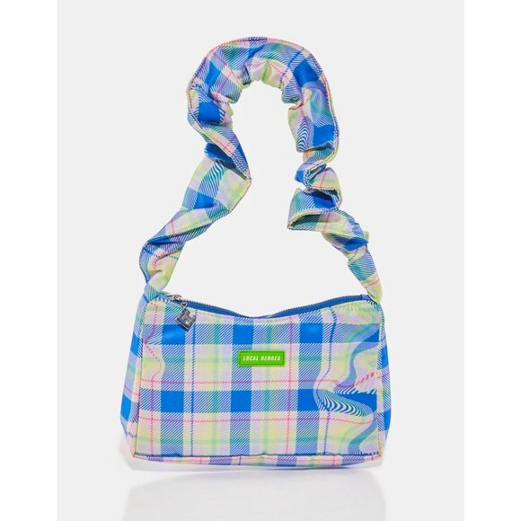 Local Heroes Trippy Plaid Shoulder Bag ✦ Scrunch Strap Logo Detail Charm Zip NWT - Picture 3 of 3